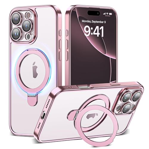 Compatible with iPhone 16 Pro Max Case with Magnetic Ring Stand [Camera Len Protectors][Compatible with Mag-Safe] Clear Plating Phone Case for iPhone 16 Pro Max 6.9",Rose Gold - color: Rose Gold, size: iPhone 16 Pro Max