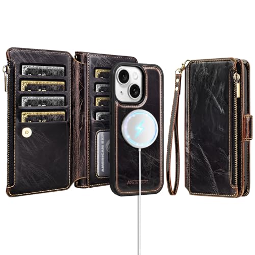Antsturdy Compatible with MagSafe iPhone 14 Wallet Case,Coffee | Detachable Magnetic Credit Card Holder,RFID Blocking,PU Leather Zipper Purse,Wrist Strap Kickstand,Flip Phone Cover for Women - color: (Detachable with Magsafe)-Coffee
