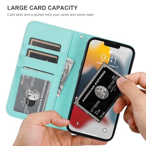 Bocasal Detachable Wallet Case Card Holder for iPhone 13 Pro Max Light Blue | RFID Blocking Kickstand Card Slots Holder PU Leather Magnetic Shockproof Wrist Strap Removable Flip Protective Cover 6.7 inch - color: Light Blue