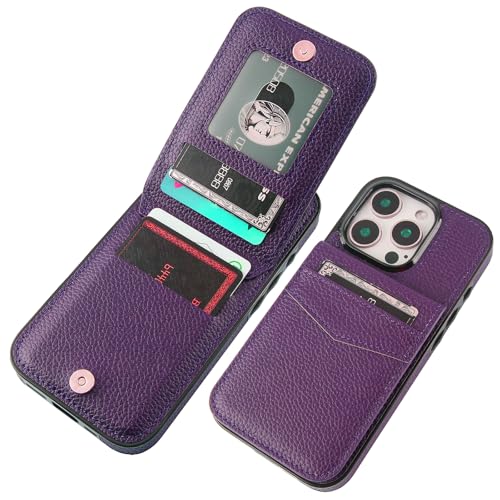 KIHUWEY for iPhone 16 Pro Wallet Case Card Holder, Lichee Dark Purple | Credit Card Slots, PU Leather, Kickstand, Magnetic, Flip Heavy Duty Protection Cover for Men and Women - color: Lichee Dark Purple