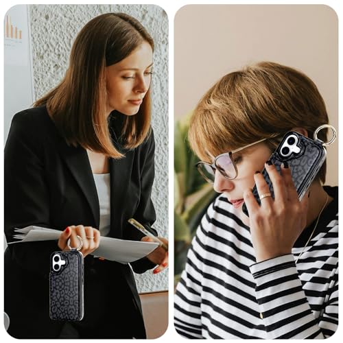 HAOPINSH Wallet Case for iPhone 17 with Card Holder, Black Leopard Cheetah Print Back Flip Folio PU Leather Kickstand Card Slots Case, Finger Grip Ring Double Magnetic Clasp Shockproof 6.3" - color: Black Leopard Grip Ring