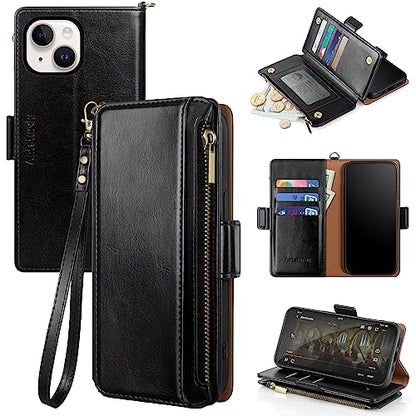 Antsturdy for iPhone 14 Plus Phone Wallet Case Women,Black | RFID Blocking,with Credit Card Holder Slots,PU Leather Purse,Zipper Pocket,Wrist Strap Kickstand,Flip Folio Cover for Men - color: A-Black