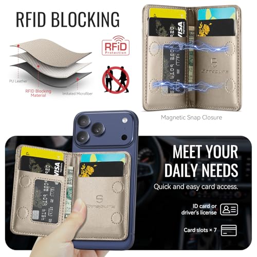 Strapurs Strong Magnetic Wallet Card Holder for MagSafe Phones and Cases, PU Leather Detachable Phone Wallet with 6 Card Slots RFID Blocking for iPhone 17/16/15/14/13/12/Pro/Max/Plus – Desert Titanium - color: Desert Titanium