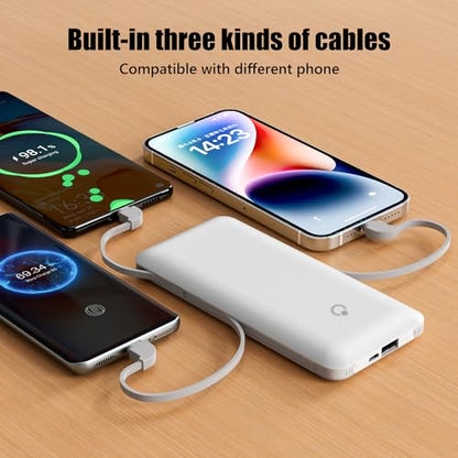 Brand Q Portable Charger with Built-in Cables and AC Wall Plug,Slim USB C Travel Essential Power Bank 10000mAh,External Battery Pack Compatible with iPhone,Samsung,Tablet and All Smart Phones - color: White