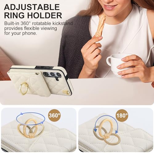 Asuwish Phone Case for Samsung Galaxy S24 5G Wallet Cover with Tempered Glass Screen Protector and Crossbody Wrist Strap Ring Stand RFID Blocking Card Holder Cell S 24 24S G5 Women Men Girls Off White - color: Off White