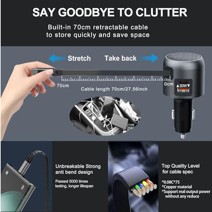 60W Retractable Car Charger, 3-Port USB-C Fast Charging Adapter - color: Black