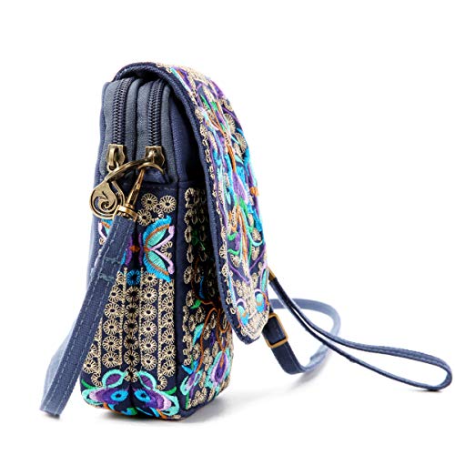 SILKAREA Embroidered Cute Mini Crossbody Bag for Women Small Handbags Wristlet Wallet Bag Cell-phone Pouch Coin Purse - color: Blue + Flower-small