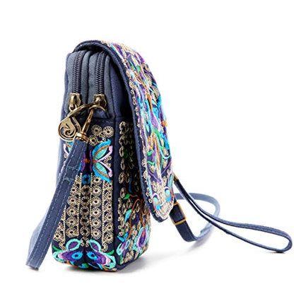 SILKAREA Embroidered Cute Mini Crossbody Bag for Women Small Handbags Wristlet Wallet Bag Cell-phone Pouch Coin Purse - color: Blue + Flower-small