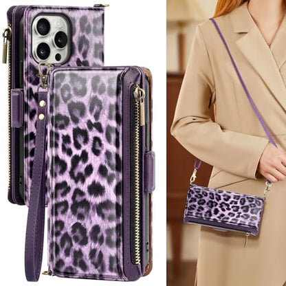 Antsturdy Crossbody Phone Wallet Case for iPhone 15 Pro Max,Leopard-Purple | RFID Blocking,PU Leather Flip Cover,Kickstand,with Credit Card Holder,Wrist Strap Lanyard & Handbag Purse,for Women & Men - color: (Crossbody) - Leopard-Purple