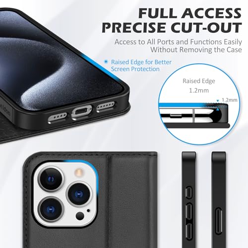 SHIELDON Genuine Leather Wallet Case for iPhone 15 Pro Max 6.7" 2023, Black | Magnetic Closure, RFID Blocking, Credit Card Holder, Kickstand, Folio Book Design, Soft Shockproof Phone Cover - color: Black