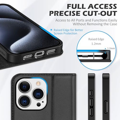 SHIELDON Genuine Leather Wallet Case for iPhone 15 Pro Max 6.7" 2023, Black | Magnetic Closure, RFID Blocking, Credit Card Holder, Kickstand, Folio Book Design, Soft Shockproof Phone Cover - color: Black