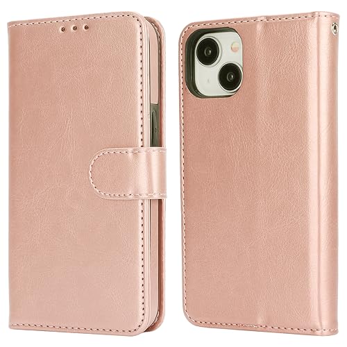 Bocasal Detachable Wallet Case Card Holder for iPhone 15, Rose Gold | RFID Blocking Kickstand Card Slots Holder PU Leather Magnetic Shockproof Wrist Strap Removable Flip Protective Cover 6.1 inch - color: Rose Gold