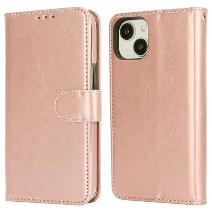 Bocasal Detachable Wallet Case Card Holder for iPhone 15, Rose Gold | RFID Blocking Kickstand Card Slots Holder PU Leather Magnetic Shockproof Wrist Strap Removable Flip Protective Cover 6.1 inch - color: Rose Gold