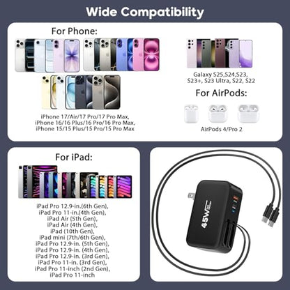 4 in 1 Retractable Wall Charger Dual USB C Cable Plug,45W USBC Fast Retractable iPhone Charger Foldable Block Dual Port(USB C+USB A) with Dual USB C Cable Fast Charger for iPhone 17/16/15,iPad Pro/Air
