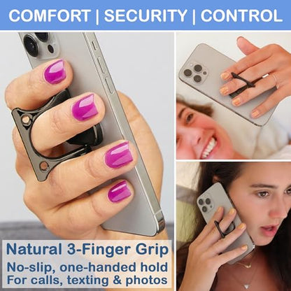 Patented 3-Finger Phone Grip & Stand - Comfortable & Secure Loop Holder for iPhone & Android - Ultra-Slim Zinc Alloy - Magnetic Mount Ready - Cell Phone Ring Alternative [Black Chrome] - color: Black