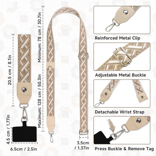 FUVLIFE Cell Phone Lanyard Crossbody, Clip and Go Phone Strap with Wallet | Phone Strap with Zippered Pouch, Adjustable 43”–62”, Datechable Phone Wrist Strap, for Travel Cruise, Women Men Teacher Gift - color: Gold Geometric