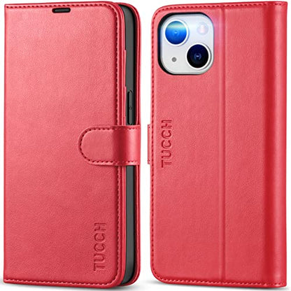 TUCCH Wallet Case for iPhone 14 (6.1") 2022, 4 Card Holders, Red | RFID Blocking, Viewing Stand, Shockproof TPU Shell, PU Leather, Magnetic Closure, Protective Folio Flip Cover - color: Red