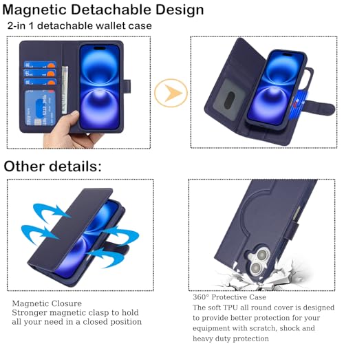 Ｈａｖａｙａ for iPhone 16 Case Detachable Wallet Case with Card Holder，2 in 1 Pu Leather Flip Folio Credit Card Slots Stand Compatible Magsafe Magnetic Shockproof Phone Cover (6.1")-Blue - color: Blue-Detachable