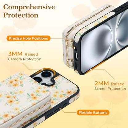 ZCDAYE Zipper Crossbody Wallet Case for iPhone 16 Plus, Sunflower | Flip Folio PU Leather, Practical Card Holder, Adjustable Lanyard Strap, RFID Blocking, Warm Sunflower Girly Phone Case - color: Sunflower, size: iPhone 16 Plus