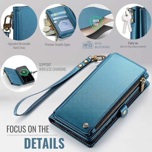 Defencase for iPhone 14 Wallet Case with RFID Blocking Card Holder, Blue | Durable Soft PU Leather, with Zipper Pocket, Wrist Strap, Fashion Snap Flip Phone Cases Cover with Stand for Women and Men - color: Dark Blue