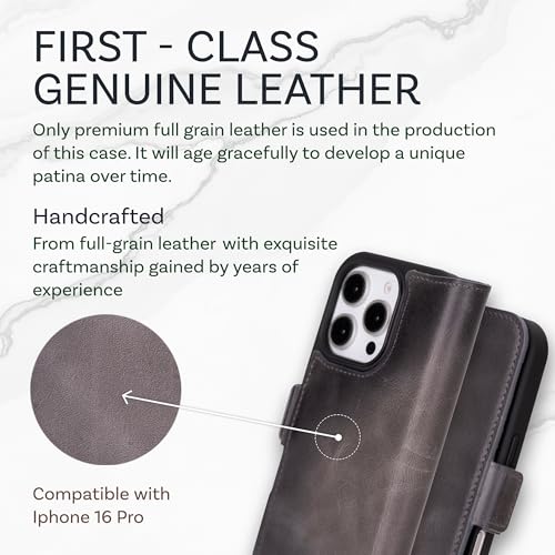 Bayelon Leather Wallet Case for iPhone 16 Pro 6.3" - Flip Cover Card Holder, iPhone 16 Pro Wallet Folio Case, Kickstand, MagSafe Compatible RFID, Real Leather iPhone 16 Pro Cover (Smoked Black) - color: Smoked Black, size: iPhone 16 Pro