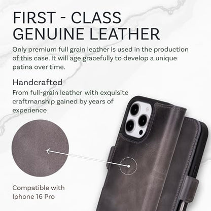 Bayelon Leather Wallet Case for iPhone 16 Pro 6.3" - Flip Cover Card Holder, iPhone 16 Pro Wallet Folio Case, Kickstand, MagSafe Compatible RFID, Real Leather iPhone 16 Pro Cover (Smoked Black) - color: Smoked Black, size: iPhone 16 Pro