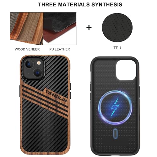 TENDLIN Magnetic Case Compatible with iPhone 14 Case Wood Grain with Carbon Fiber Texture Design Leather Hybrid Slim Cover (Compatible with MagSafe) Three Stripe - color: Magnetic Three Stripe, size: iPhone 14