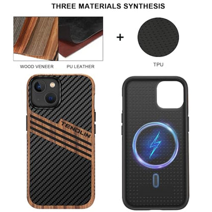 TENDLIN Magnetic Case Compatible with iPhone 14 Case Wood Grain with Carbon Fiber Texture Design Leather Hybrid Slim Cover (Compatible with MagSafe) Three Stripe - color: Magnetic Three Stripe, size: iPhone 14