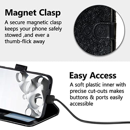 EYZUTAK Case for Samsung Galaxy A15 4G/5G, Premium Leather Magnetic Closure Flip Wallet Phone Case with Card Holder Cash Slots Stand Function Embossed Mandala Flower Shockproof Lanyard Cover - Black - color: Black, size: Samsung Galaxy A15 4G/5G