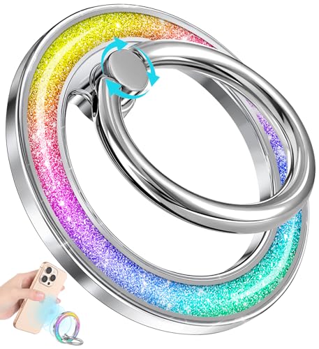 Phone Ring Holder Compatible with MagSafe - Magnetic Cell Phone Grip Women Glitter Magnet Removable Finger Ring Grip Stand Cute Girly Sparkle for iPhone 17 16 15 14 13 Pro Max Plus Air, Rainbow