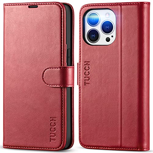 TUCCH Case Wallet for iPhone 13 Pro (6.1"), RFID Blocking Folio, Dark Red | 3 Card Holders, Kickstand, PU Leather, Magnetic Closure, Shockproof TPU Shell, Protective Flip Cover - color: Dark Red