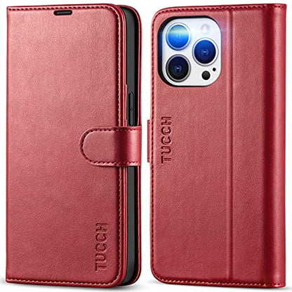 TUCCH Case Wallet for iPhone 13 Pro (6.1"), RFID Blocking Folio, Dark Red | 3 Card Holders, Kickstand, PU Leather, Magnetic Closure, Shockproof TPU Shell, Protective Flip Cover - color: Dark Red