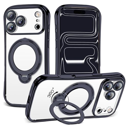 Clear Phone Case for iPhone 17 Pro 6.3", Black | Compatible with iPhone 17 Pro Case with 360° Rotatable Magnetic Ring Stand Full Camera Lens Protector Plating Mag-safe Case - color: Black, size: Iphone 17 Pro