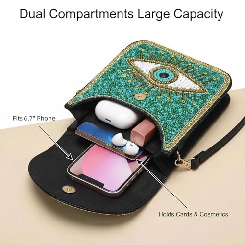 Small Crossbody Bags for Women, Cell Phone Shoulder Bag Boho Wallet Purse - color: Green