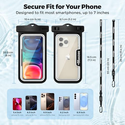 SEAWAG Next Waterproof Phone Pouch, IPX8 Dry Bag for iPhone 16 15 14 13 Pro Max & Samsung Galaxy S25 S24 — Underwater Case, Full Touchscreen, Lanyard, Beach Pool Snorkeling, 1 Pack Blackwhite - color: 1Pack BlackWhite
