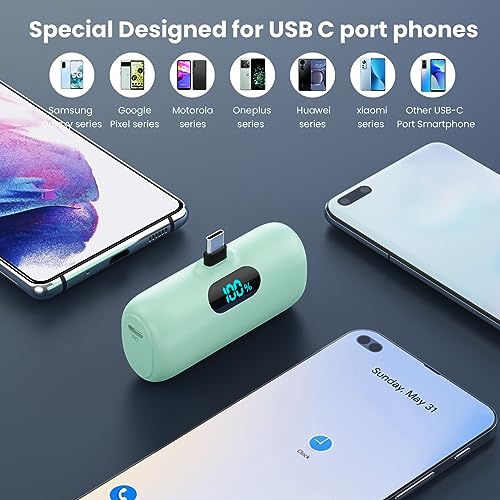[2-Pack] Mini Portable Charger 5000mAh Power Bank,3A PD USB C Cell Phone Portable Power, LCD Display Battery Pack Compatible with iPhone 17/17 Air/16/16 pro/15/15 pro Max/Android/Samsung/Moto/LG etc - color: Light green+Light blue