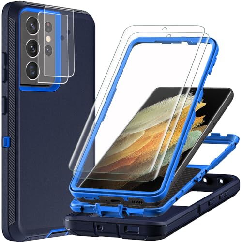 for Samsung Galaxy S21 Ultra Case with 2Pcs Self Healing Flexible TPU Screen Protector & Camera Lens Protector, 3 in 1 Heavy Duty Shockproof/Drop Proof/Dust Proof Case (Navy Blue) - color: Navy Blue