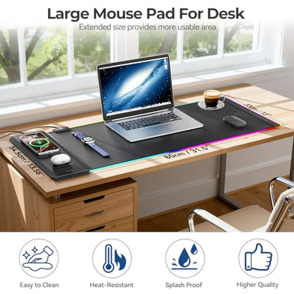 KDD RGB Mouse Pad with Wireless Charging - Desk Mat with Phone Holder and 15W Fast Charger - Gaming Mousepad with Ultra-Smooth Surface, Non-Slip Base - Keyboard Mat for Home Office Gamer Accessories - size: Large