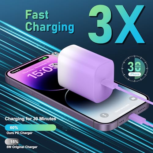 Phone 14 13 12 11 Fast Charger,10FT Long Phone Chargers Fast Charging Lightning Cable with 20W USB C Charger Block for Phone 14/14 Pro Max/13/13Pro Max/12/12 Pro Max/11/11Pro/X/Max,Pad,Purple gradient - color: Purple gradient, size: 10ft