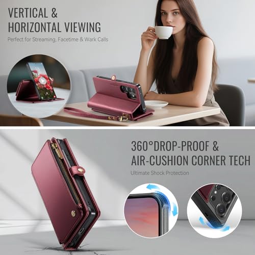 Defencase for Galaxy S24 Ultra Case Wallet Compatible with Magsafe, WineRed | Magnetic Detachable, RFID Bolcking Card Holder, Zipper Strap, PU Leather Drop-Proof Phone Cover for Samsung Galaxy S24 Ultra - color: (Detachable with Magsafe)-Wine Red