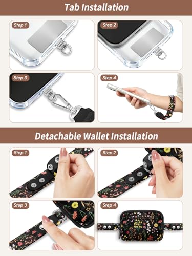 Clip and Go Strap for Phone with Wallet Crossbody Lanyard Bloom - color: Flowers Black