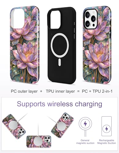 Jusy Magnetic Stained Glass Floral Case for iPhone 15 Pro, Lotus | Compatible with MagSafe, Cute Aesthetic Flower Design, TPU and PC Protective Phone Cover - color: Lotus