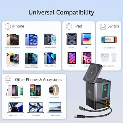 105W Retractable Charging Station, 6-in-1 GaN Charger with Dual 65W Cables