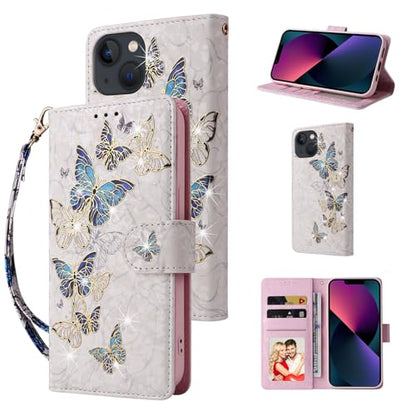UEEBAI Wallet Case for iPhone 13, PU Leather Phone Cover Kickstand RFID Blocking Flip Case Card Slots Wrist Strap Relief Engraved Pattern Magnetic Closure Flower Folio Wallet, Blue Butterfly - color: Blue Butterfly, size: iPhone 13