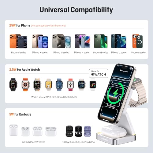 Fast 25W 3 in 1 Foldable Wireless Charging Station with Light 45W Adapter - color: WHITE