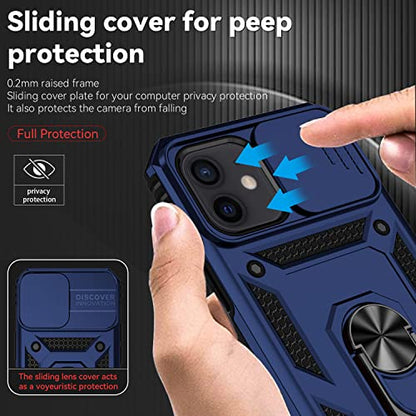 for iPhone 12 Mini Case with Camera Lens Cover HD Screen Protector, Dual Layer Military Grade Drop Protection Magnetic Ring Holder Kickstand Protective Phone Case for iPhone 12 Mini 5.4 inch (Navy) - color: Navy Blue with camera cover Military-Grade 2nd g