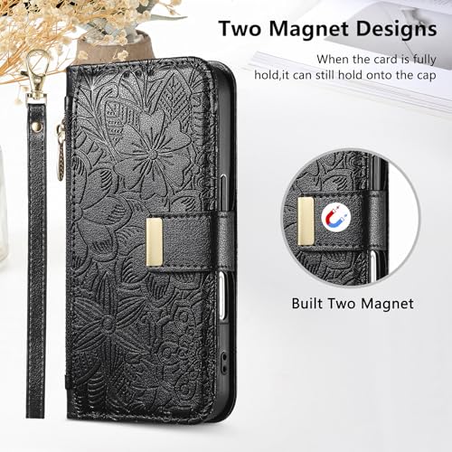 for iPhone 17 Pro Max Phone Case Wallet, Black | Built-in Card Holder (8-10 Cards), Zipper Pocket, Wrist Strap, Stand Kickstand, Flower PU Leather Protective Phone Case Women - color: Black, size: iPhone 17 Pro Max