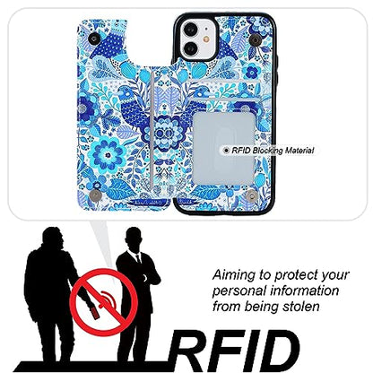 HAOPINSH for iPhone 11 Wallet Case with Card Holder, Blue Flower Bird Pattern Back Flip Case PU Leather Kickstand Card Slots Case for Women Girls, Double Magnetic Clasp Shockproof Cover 6.1" - color: Blue Flower Bird