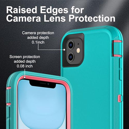 YKHJKLEC for iPhone 11 Case, Military Grade 3 in 1 Heavy Duty Shockproof/Drop Proof/Dust Proof Case with 2Pcs Tempered Glass Screen Protector (Aqua Blue/Pink) - color: Aqua Blue/Pink