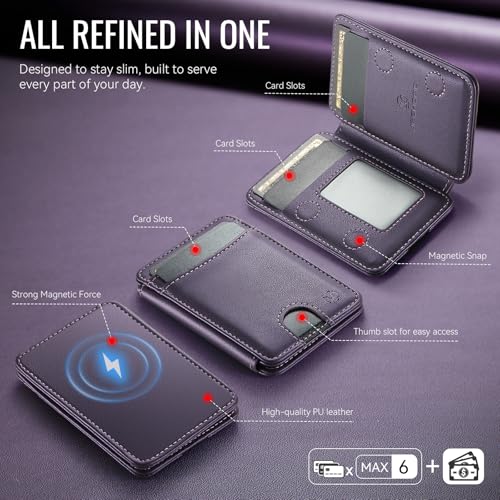 HXY for Magsafe Wallet Magnetic Card Holder RFID Blocking with Stand, 6 Card Holder for Phone Case, Slim Leather Magnetic Wallet for iPhone 17/16/15/14/13/12 Pro/Max/Plus (Purple) - color: Purple